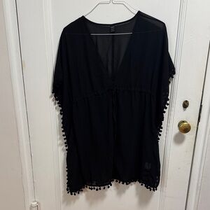 SHEIN Black Sheer Tunic with Pom-Pom Trim